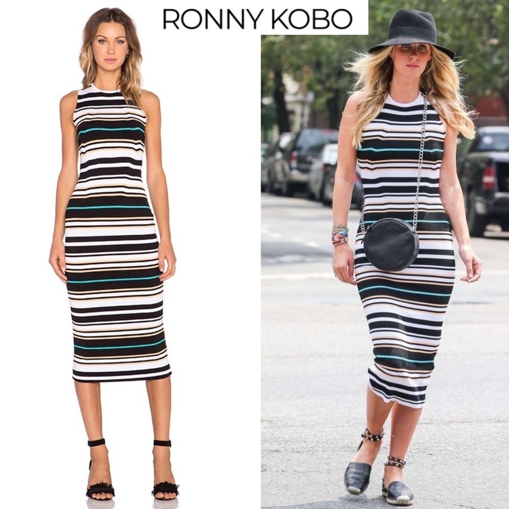 Ronny Kobo Janessa Striped Bandage Bodycon Midi Dress Sleeveless Ribbed Celeb XS